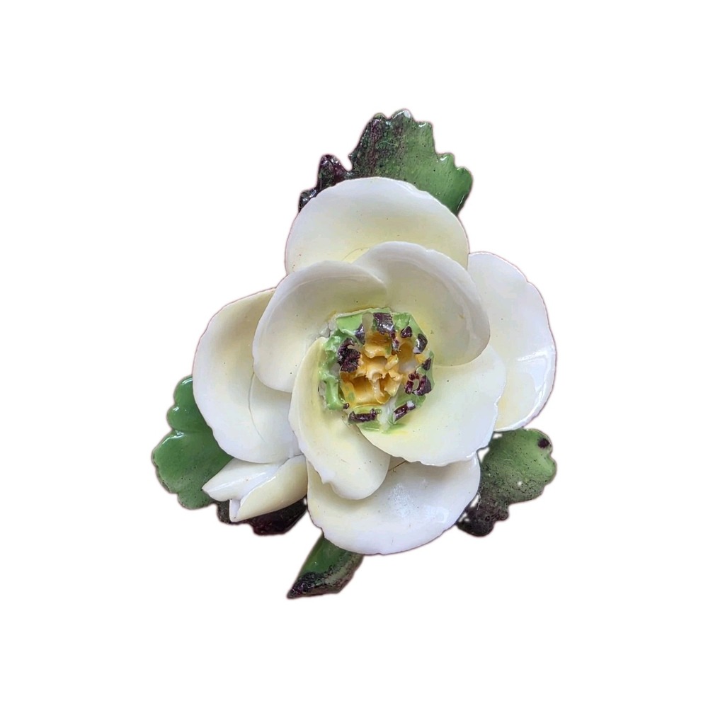 Vintage Cara China Staffordshire Bone China White Rose Brooch England Floral